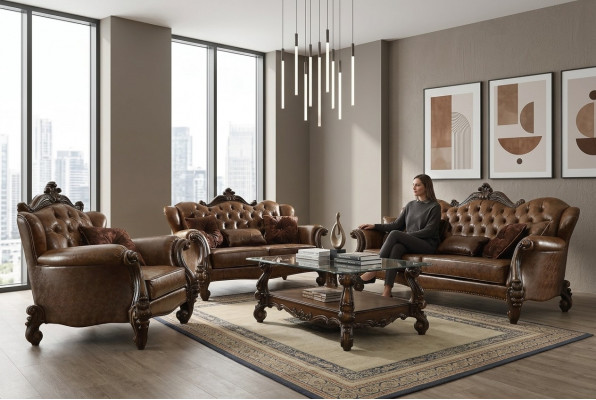 Lädersofa Barock Stil Rokoko Lieder Canapé Sofa Polster Sëtz 3-Sëtzer Dräisëtzer