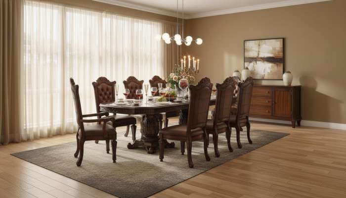 Luxuriéis Barockstil Iesszëmmer Set Designer Iessdësch mat Braune Chesterfield Stillen
