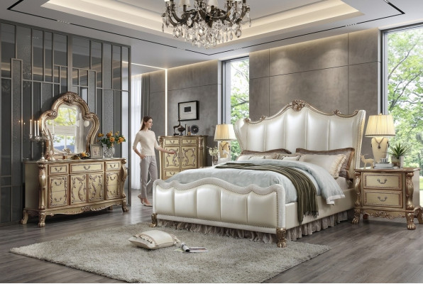 Schlofzëmmer Nuetstëscher Set Bett 5 Deeler Rokoko Barock Antik Stil Bett Holz