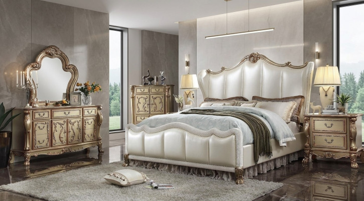 Schlofzëmmer Nuetstëscher Set Bett 5 Deeler Rokoko Barock Antik Stil Bett Holz