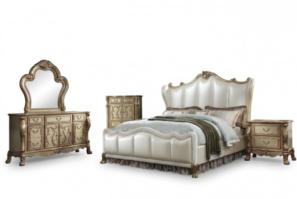 Schlofzëmmer Nuetstëscher Set Bett 5 Deeler Rokoko Barock Antik Stil Bett Holz
