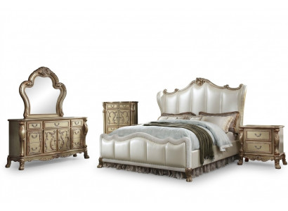 Schlofzëmmer Nuetstëscher Set Bett 5 Deeler Rokoko Barock Antik Stil Bett Holz