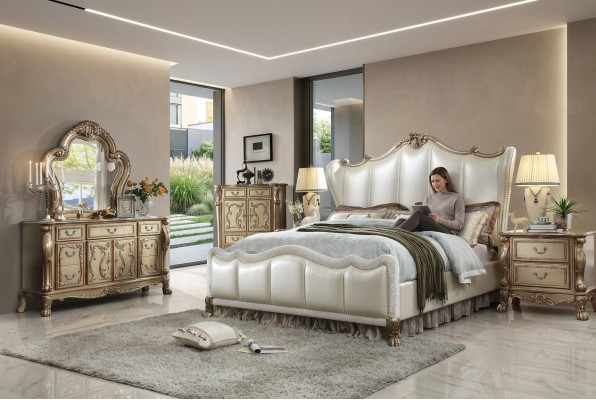 Chesterfield Set 3-Deeler Garnitur Bett + 2x Nuetsdësch Barock Stil Schlofkummer