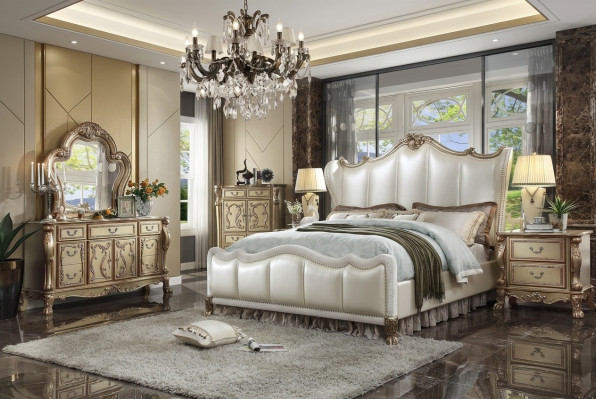 Chesterfield Set 3-Deeler Garnitur Bett + 2x Nuetsdësch Barock Stil Schlofkummer