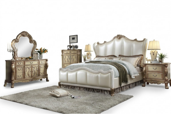 Chesterfield Set 3-Deeler Garnitur Bett + 2x Nuetsdësch Barock Stil Schlofkummer