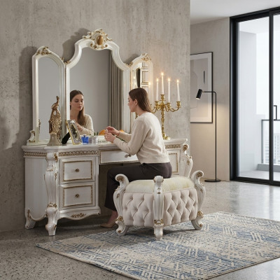 Geschnëtzte Barock Miwwel Schminktisch Hocker Deko Spigel Schlofzëmmer