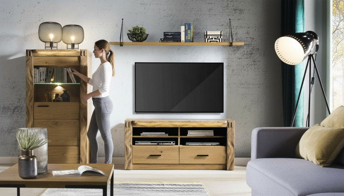 Wunnwand Wunnzëmmer Vitrin Kommod Regal 3-teiligs Set Regaler Schief.