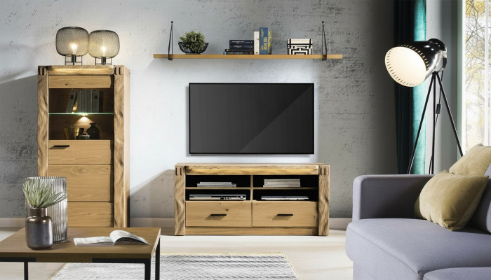 Wunnwand Wunnzëmmer Vitrin Kommod Regal 3-teiligs Set Regaler Schief.
