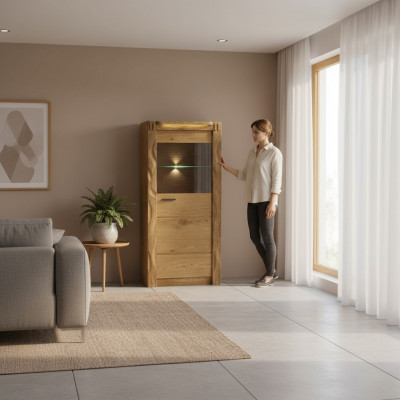 Mauer Schaf Schief Schief Vitrin Glas Design Héich Holz Vitrinen Wunnzëmmer Miwwelen