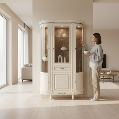Klassesch Schief Vitrin Holz Edle Luxus Glas Sektioun Holz Regal