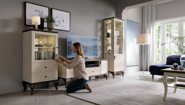Design Vitrin Glas Schaf Wäinzesummer Schaukascht Vitrinn Regal Sideboard Holz