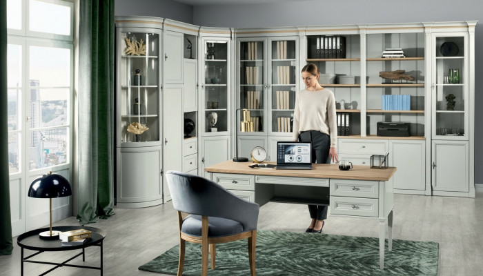Büro Ariichtung Dësch mat Schëffelen Aarbechtszëmmer Home Office Schreifdësch nei