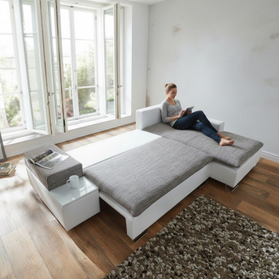 Schlofsofa Design Ecksofa L-Form Bettfunktioun Textil Canapé Sofaen Stoff