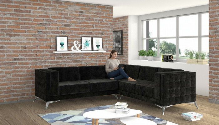 Schwaarze Samt Design Eckcouch Chesterfield Sofa Couch Wunnlandschaft Stoff Sëtz
