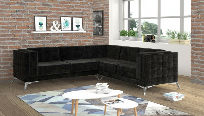 Schwaarze Samt Design Eckcouch Chesterfield Sofa Couch Wunnlandschaft Stoff Sëtz