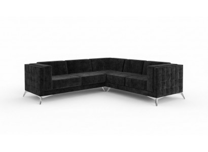 Schwaarze Samt Design Eckcouch Chesterfield Sofa Couch Wunnlandschaft Stoff Sëtz