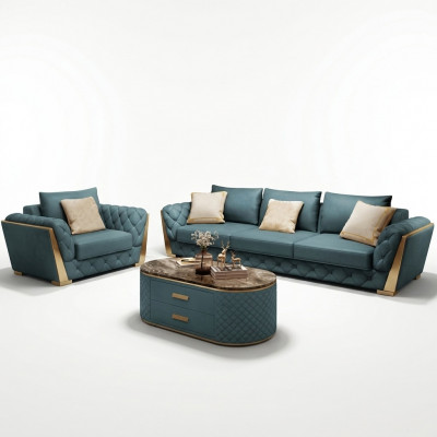 Sofa 3 Sëtz Wohnlandschaft Sofas Couch Polster Garnitur Stoff Modern Lieder