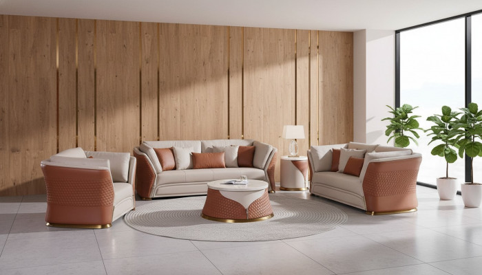 Wunnlandschaft Sofa Polster Sofasëtzung 3+2+1 Sëtzer Niewendësch Couchtisch