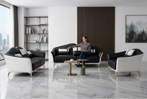 Schwaarz Sofagarnitur 3+2+1 Set Wunnlandschaft Sofa Couch Garnitur Ledersofa Nei