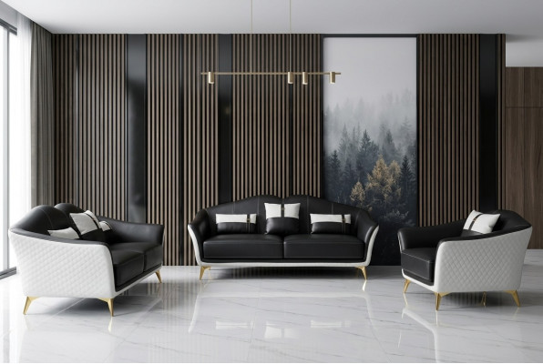 Schwaarz Sofagarnitur 3+2+1 Set Wunnlandschaft Sofa Couch Garnitur Ledersofa Nei