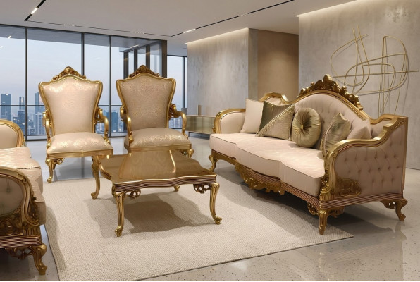 Klassesch Sofagarnitur 311 Sëtzer Couchgarnitur Holz Fauteuil Textil Komplett Nei