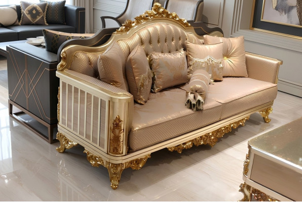 Chesterfield Sofa Set 3+1+1 Grupp Komplett Set Sëtz Sofa Gold Textil Garnitur