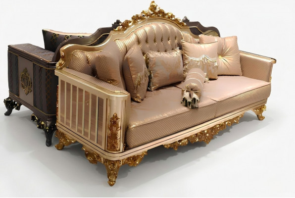 Chesterfield Sofa Set 3+1+1 Grupp Komplett Set Sëtz Sofa Gold Textil Garnitur