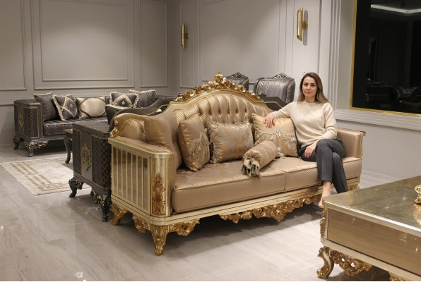 Luxus Sofa 3 Plazéier Textil Sofa Gold Design Miwwel 3er Chesterfield Polster Neu