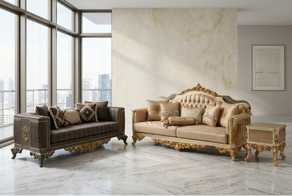 Luxus Sofa 3 Plazéier Textil Sofa Gold Design Miwwel 3er Chesterfield Polster Neu
