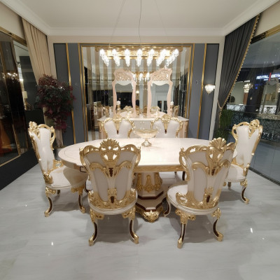Luxus Iesszëmmer Set: Iessdësch, 4x Still Holz Stull Textil Iessgrupp Garnitur Nei