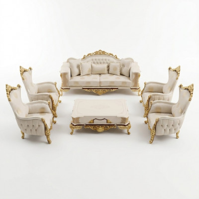 Canapé-Set 3+1+1 Plaz Living-Zëmmer Set Komplett Textil Sofa Fauteuil Holz Nei