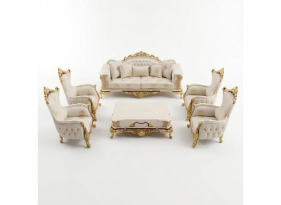 Canapé-Set 3+1+1 Plaz Living-Zëmmer Set Komplett Textil Sofa Fauteuil Holz Nei