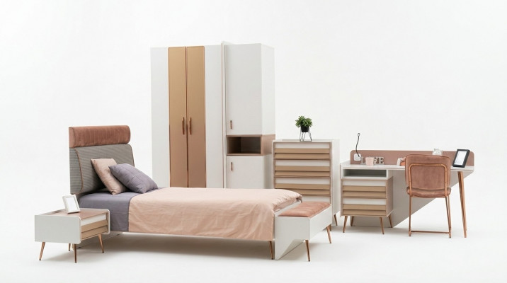 Komplett Jugendzëmmer Kannerzëmmer Set Kleederschaf Kommode Schreifdësch 6 Stéck.