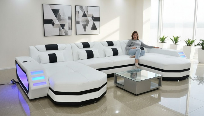 Ledercouch Sofa Modern Polsterstol Wohnlandschaft Design Eckcouch Couch Wäiss