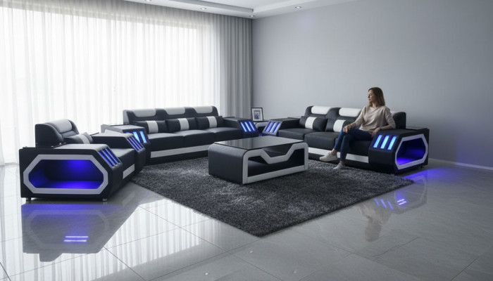 Sofagarnitur Couch Set 3+2+1 + Dësch Liederdivan Sëtz Beliichtete Design Polster