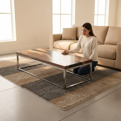 Floss Dësch Epoxidharz Couchtisch Eechte Holz Massiv Dëscher 120x60