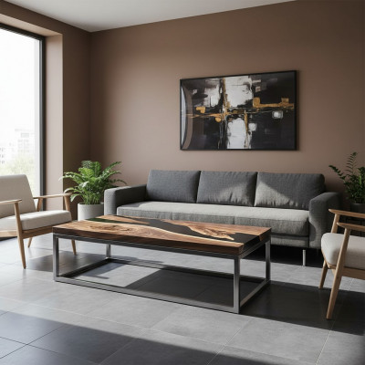 Floss Dësch Epoxidharz Couchtisch Eechte Holz Massiv Dëscher 120x60