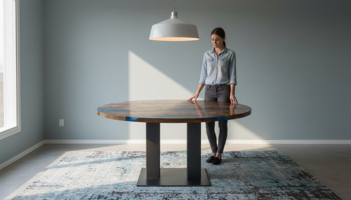 Ronne Iessdësch River Table Eechte Holz Flossdësch 150cm Dëscher Epoxyharz
