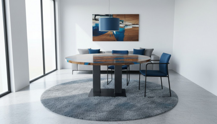 Ronne Iessdësch River Table Eechte Holz Flossdësch 150cm Dëscher Epoxyharz