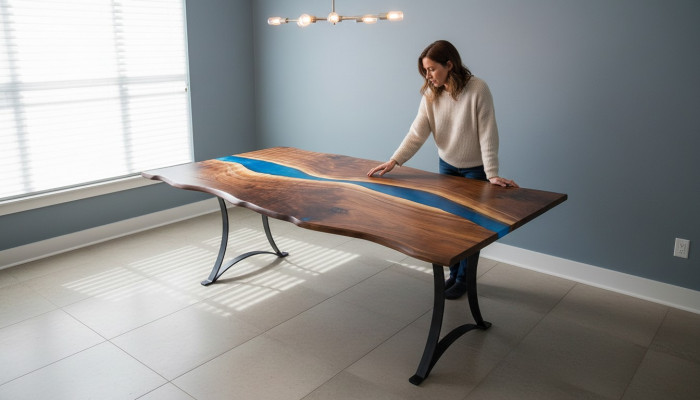 Iessdësch River Table Eech Holz Flosstësch 220x100 Massiv Dëscher Epoxyharz