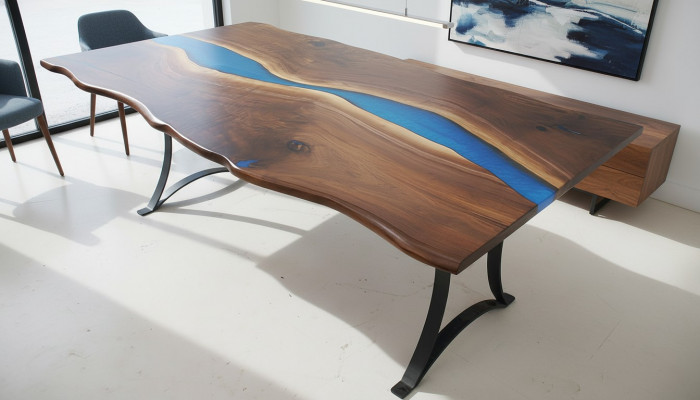 Iessdësch River Table Eech Holz Flosstësch 220x100 Massiv Dëscher Epoxyharz
