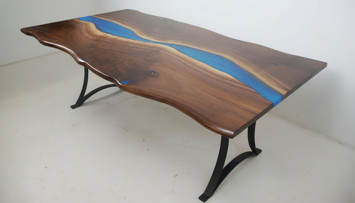 Iessdësch River Table Eech Holz Flosstësch 220x100 Massiv Dëscher Epoxyharz