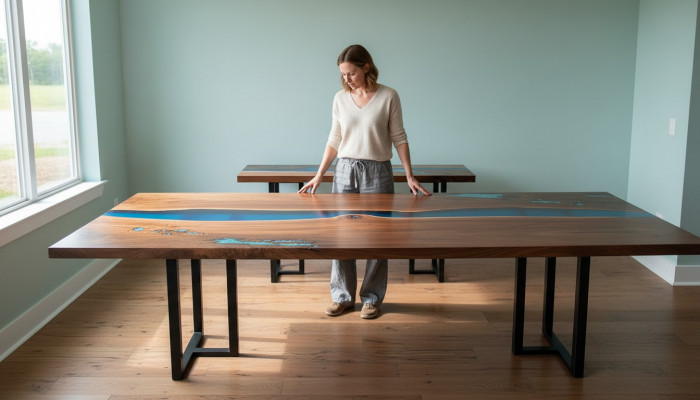 Iessdësch River Table Echt Holz Massiv Epoxidharz Dëscher 260x100 Nei