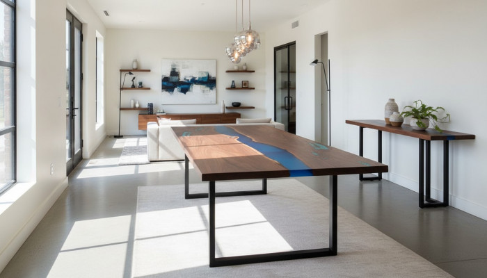 Iessdësch River Table Echt Holz Massiv Epoxidharz Dëscher 260x100 Nei
