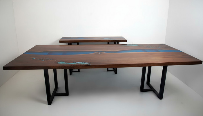 Iessdësch River Table Echt Holz Massiv Epoxidharz Dëscher 260x100 Nei