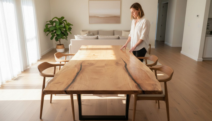 Iessdësch Epoxidharz Eechte Holz Massiv Miwwel Waasserfall Epoxy Dësch 240x100cm