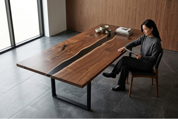Iessdësch Dëscher Epoxidharz massiv Miwwelen Epoxy Dësch Waasserfall echt Holz
