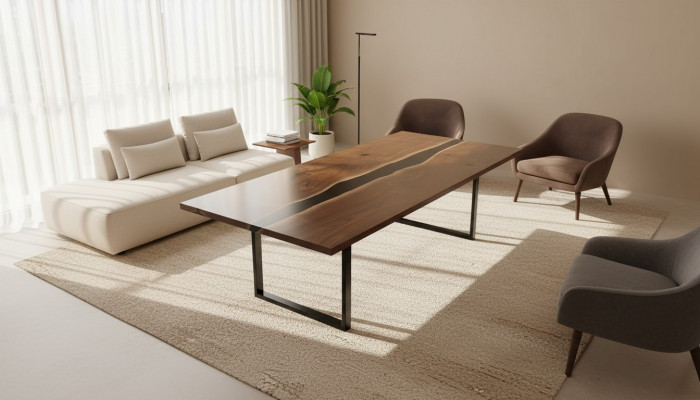 Iessdësch Dëscher Epoxidharz massiv Miwwelen Epoxy Dësch Waasserfall echt Holz