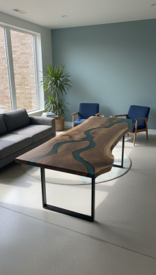Iessdësch River Table Eechte Holz Deko Flossdësch Massiv Epoxidharz Dëscher