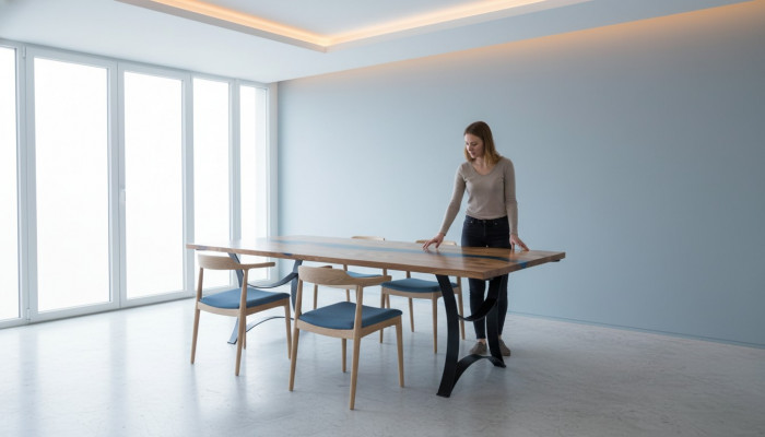 Dësch Iessdësch Dëscher Harz Epoxy massivt Design Miwwelen 240x100 echt Holz Epoxy